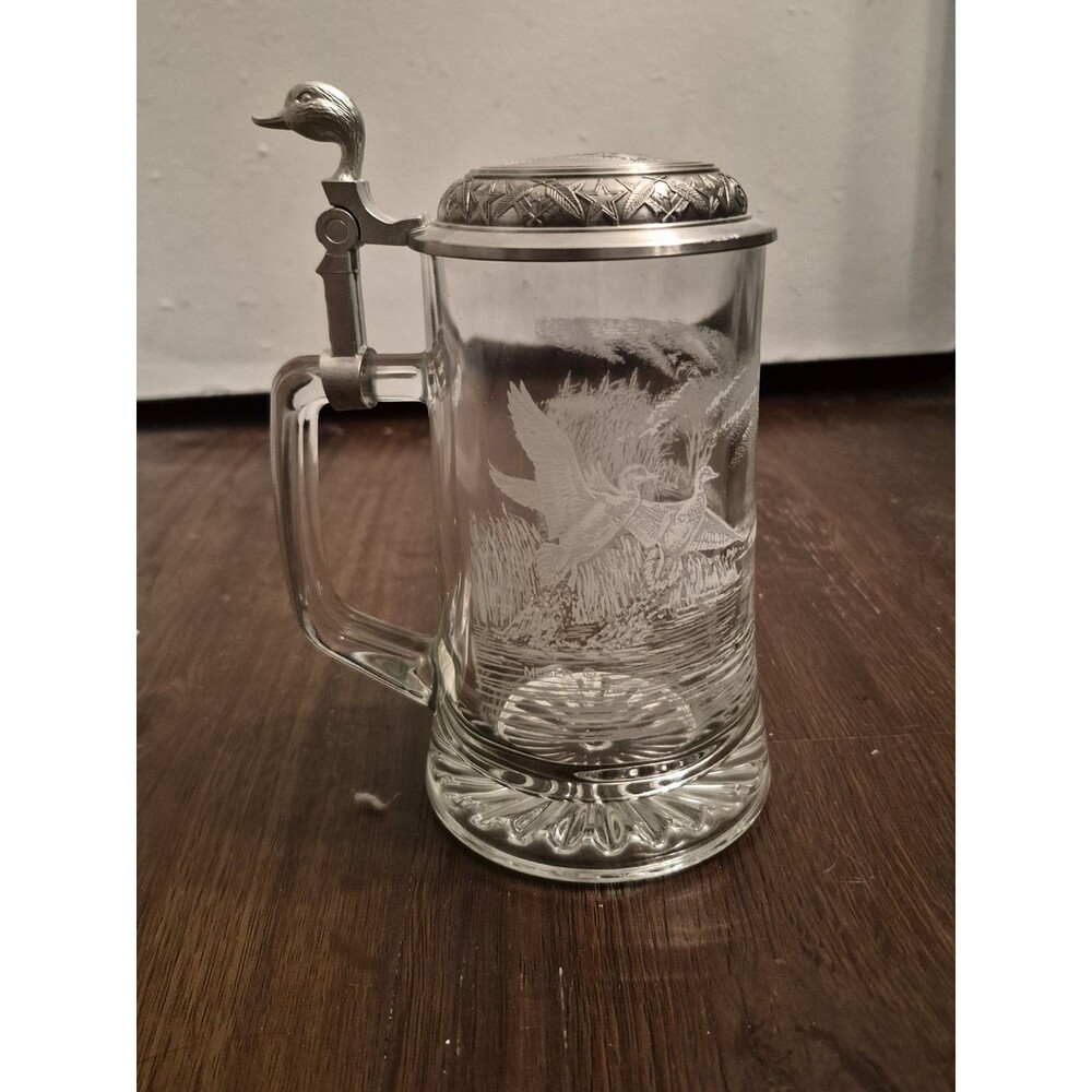 Vintage Lidded Beer Stein Etched Ducks Glass Pewter Lid Old Germany Domex - Picture 6 of 9